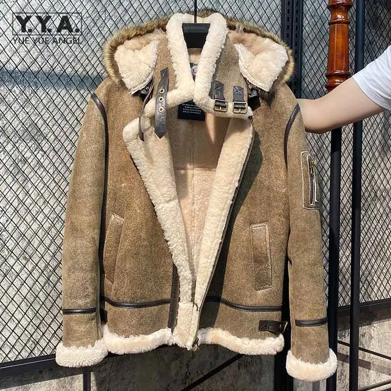 

Real Fur Removable Hooded Sheep Shearling Coat Men Vintage Genuine Leather Pilot Jacket Winter Warm Wool Lining Fashion Outwear