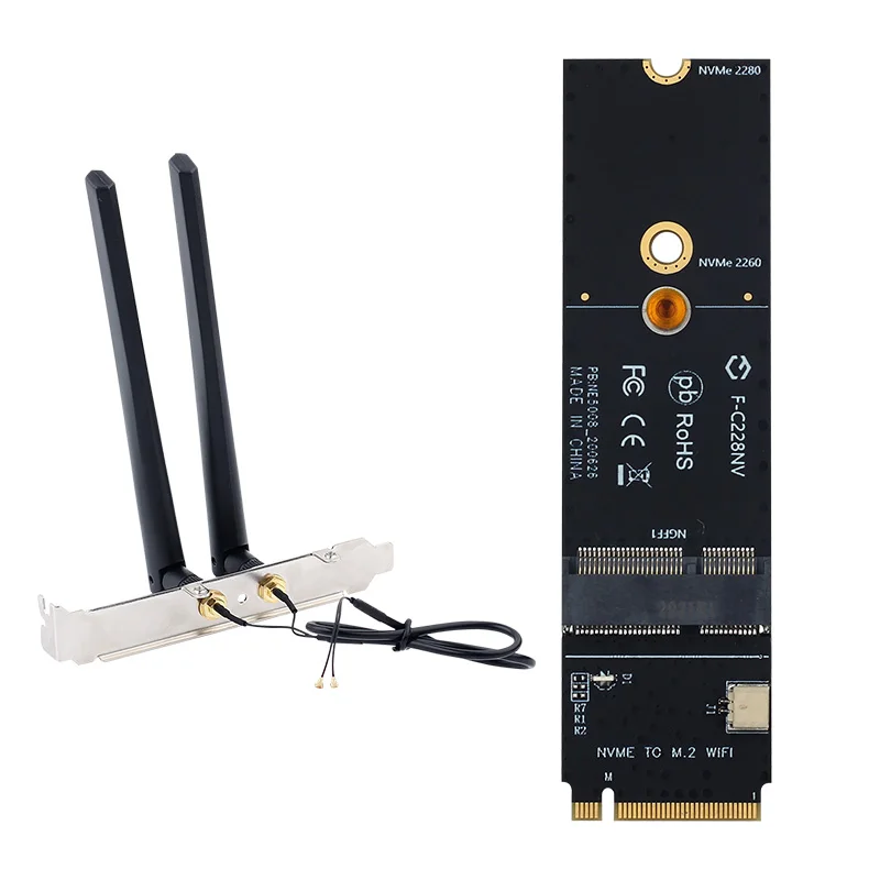 Adaptateur de clé M.2 à clé/E, carte réseau sans fil avec antennes NVMe PCI express SSD pour carte Wifi Intel AX200 9260