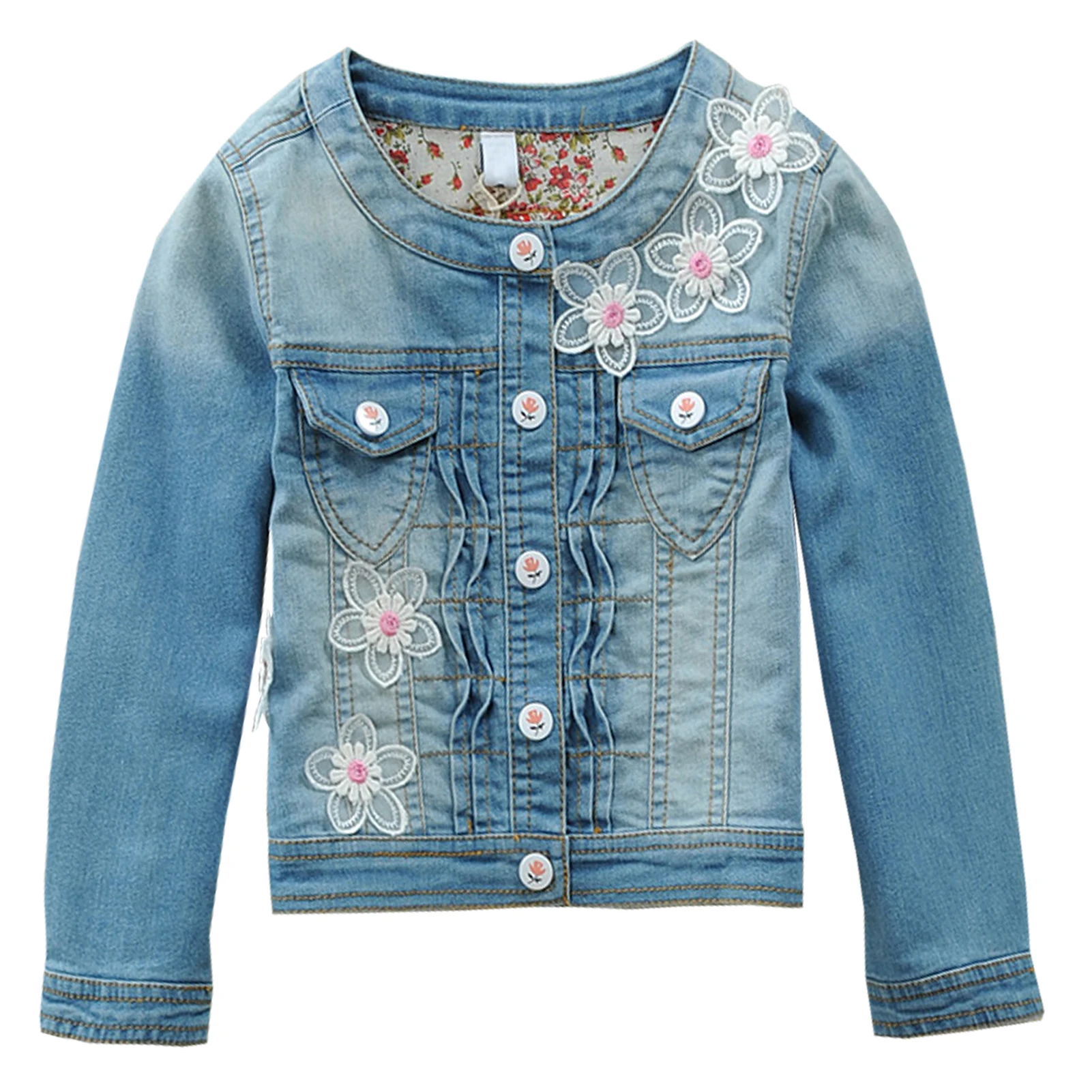 

Girls Denim Jacket O-Neck Transition Jacket Embroidered Kids Denim Coat Spring Autumn Long Sleeve Cowboy Tops Outerwear