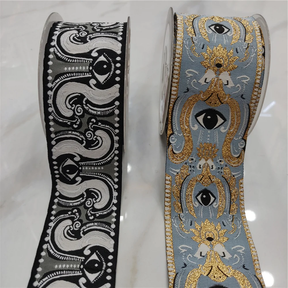 5/5.8cm Width Thin Egyptian Goddess Gold Grey Lace Ribbon Black White Sewing Ribbons 1yard Jacquard Elephant's Eye Webbing