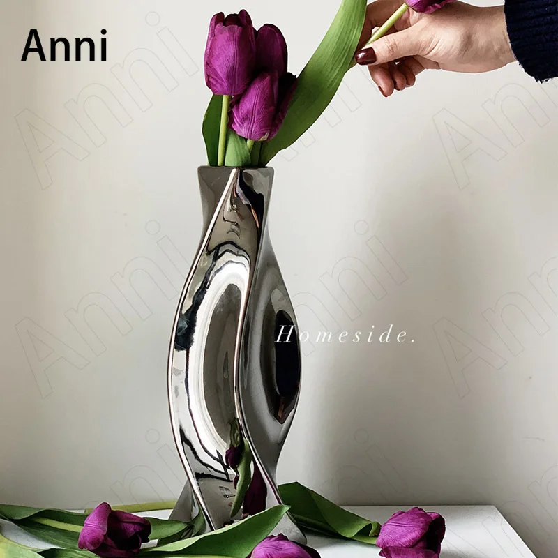 Creative Electroplating Process Ceramic Vase Nordic Modern Silver Plated Spiral Mirror Flower Vase Living Room Desk Flowers Pots