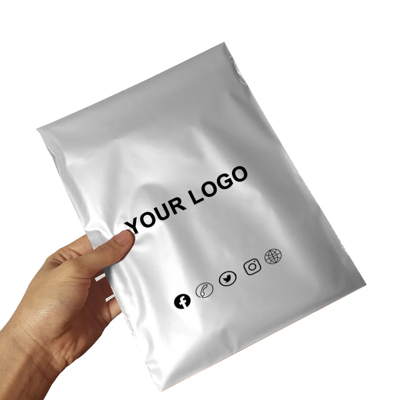 50pcs Bags Silver poly mailer with logo,custom design Grey shipping bag,custom brand postage bag courier selfseal bag with logo