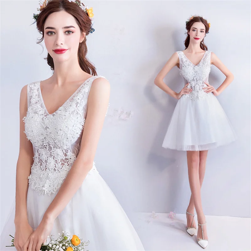 A Line Illusion Short Wedding Dresses Netting Satin Applique V Neck Knee Length Bridal Gown Corset Back