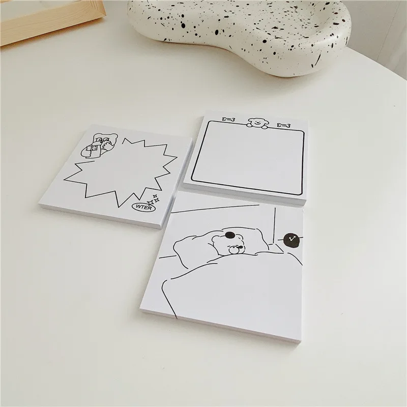 Ins Cartoon Cute Brief Strokes Bear Memo Pad Black White Frame Record Message Paper Notebook Kawaii School Stationery 50 Sheets