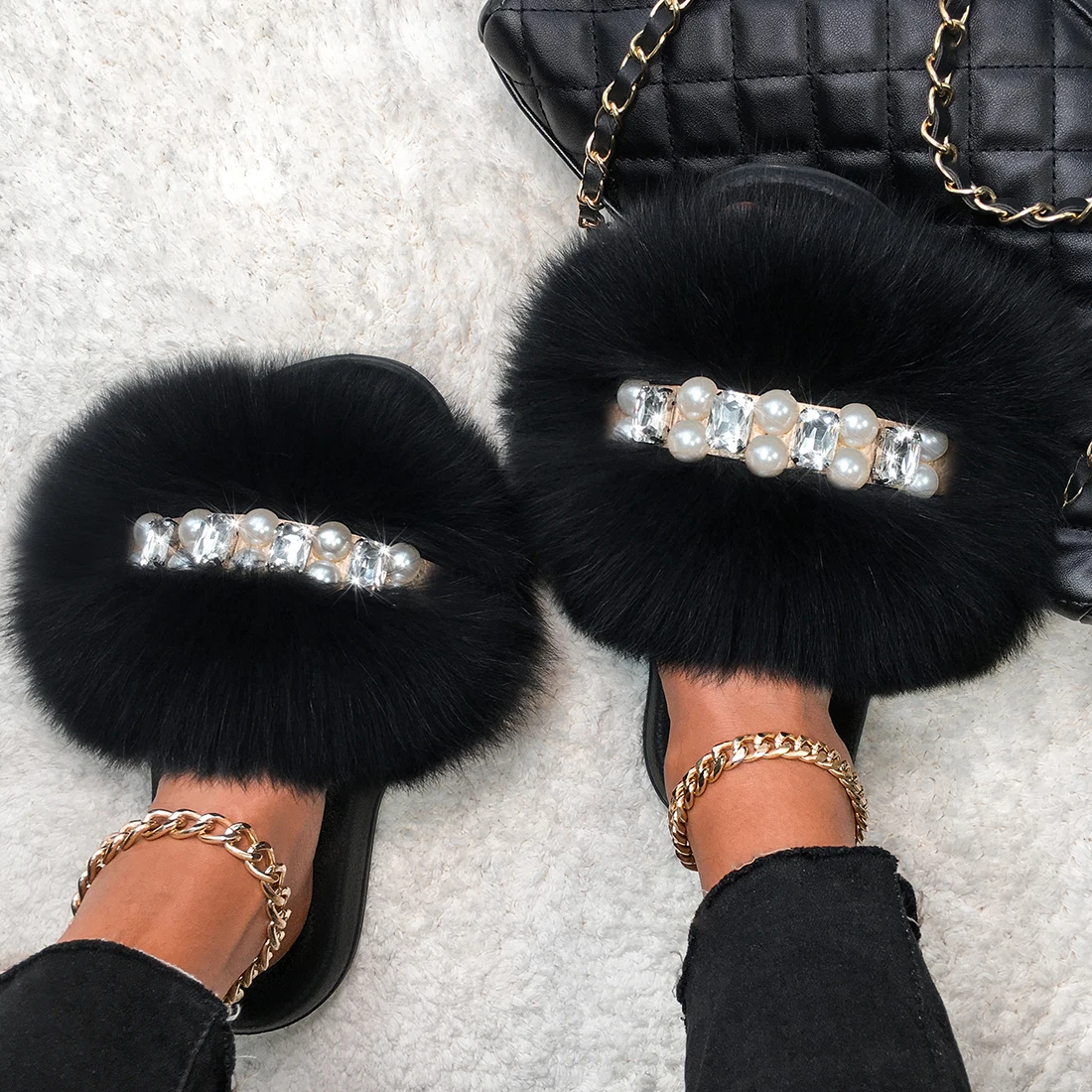 Plush Slippers Flip Flops Pearl Chain Real Fox Fur Slides For Women Fluffy Summer Sandals Furry Slippers Female Flat Home Shoes