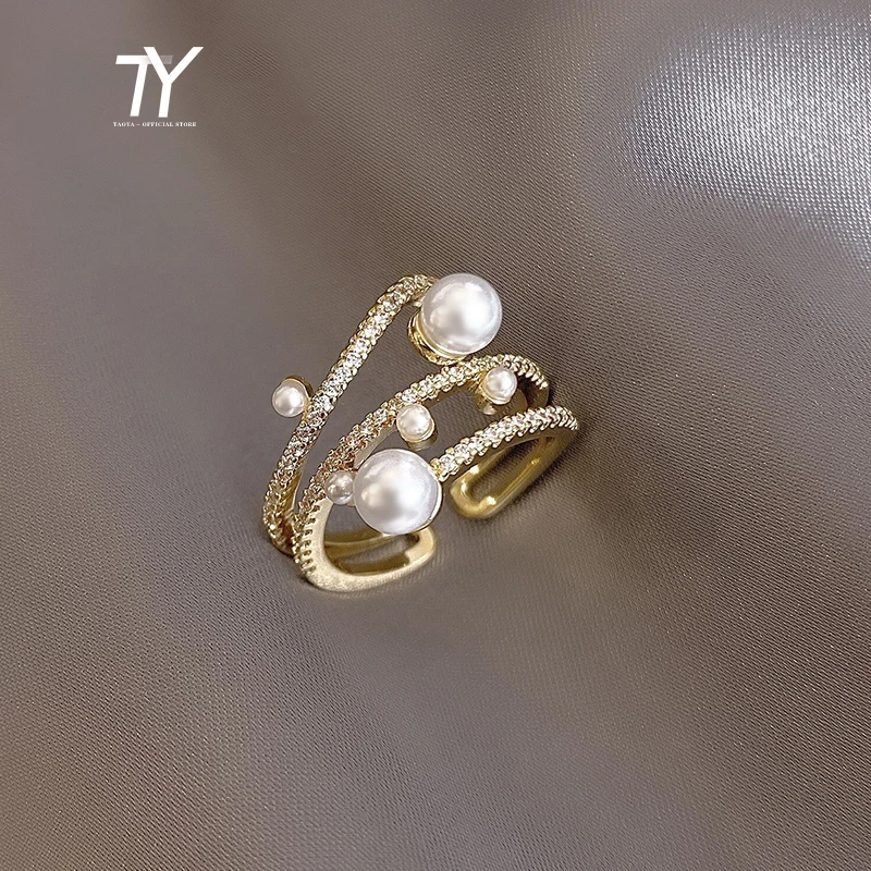 Luxurious and Exquisite Three-Layer Pearl Gold Color Adjustable Ring For Woman Jewelry Korean Fashion Girls Unusual Accessories