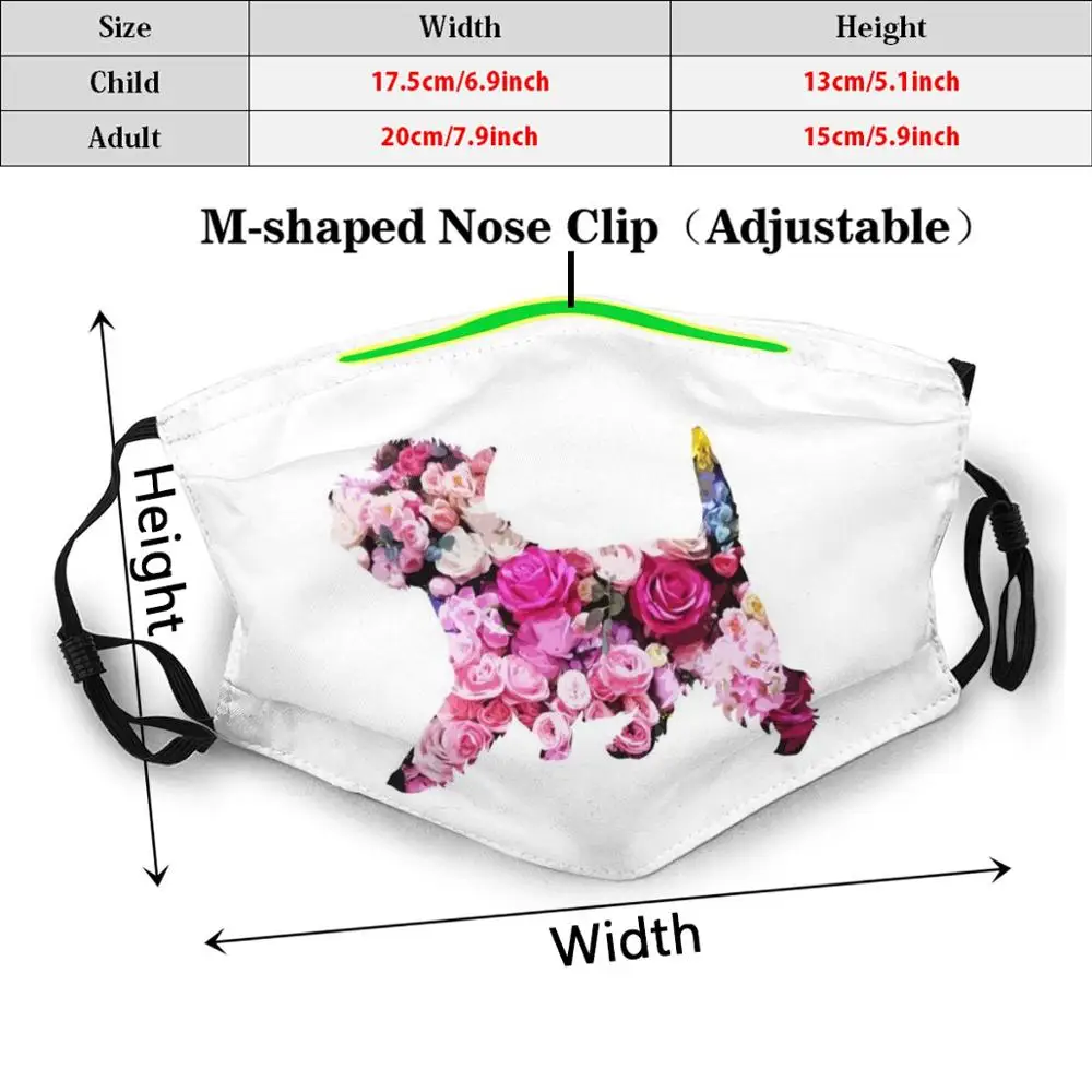 Westie 플로랄 실루엣 디자인 프린트 워셔블 필터 안티 더스트 마우스 마스크 Westie West Highland 화이트 테리어 케른 테리어