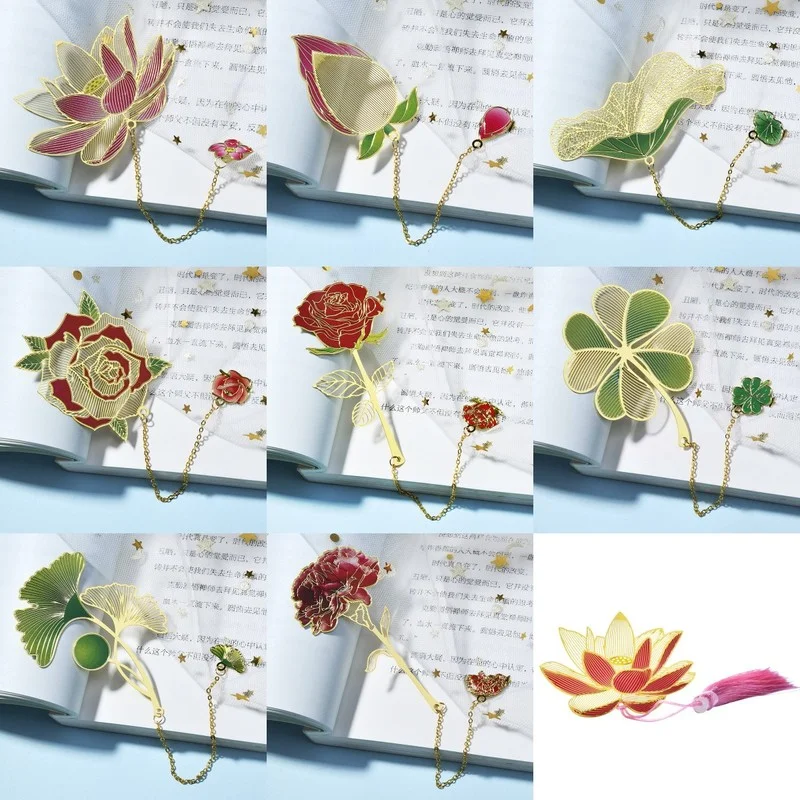 1 Psc Metal Bookmark Vintage Chinese Style Rose Flower Four Leaf Clover Hollow Fringed Pendant 3D Painted Bookmarks for Books