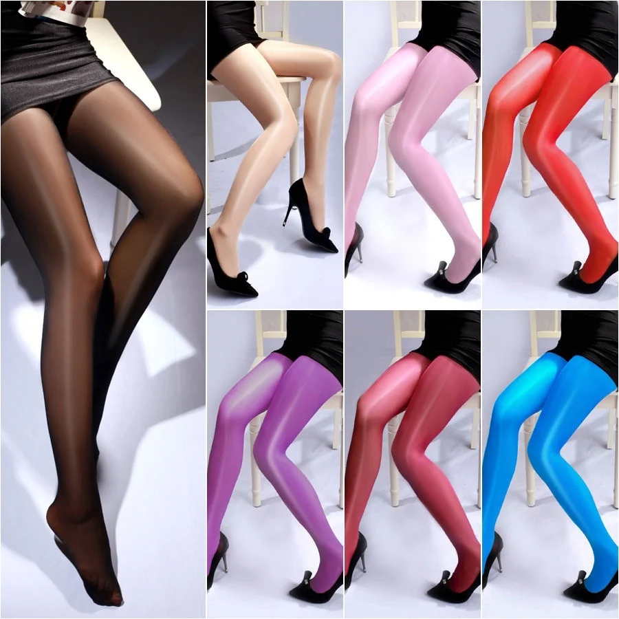 Women Sexy Oil Shine Glossy Pantyhose Solid Color Seamless Sheer Mesh Tights Elastic Thigh High Stockings  Leggings
