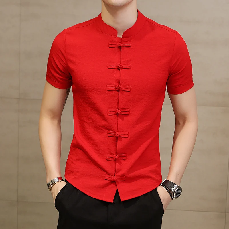 

Chinese Collar Shirt For Men Slim Fit Frog Button Shirt Camicia Uomo Korean Fashion Short Sleeve Summer Stylish Shirt Red Black