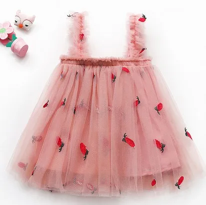 Toddler Kids Girls Princess Dress Daisy/Fruit Embroidery Sleeveless Sling Dress Summer Casual Mesh Tulle Fluffy Dresses