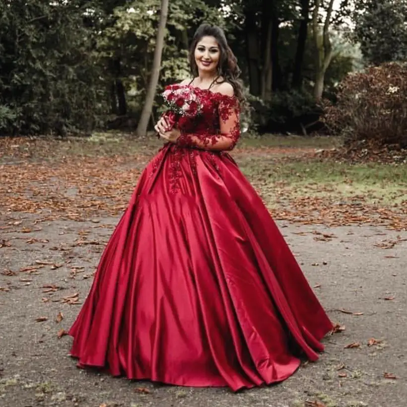 Vestido de novia Formal con hombros descubiertos, traje de boda de color rojo oscuro, Burdeos, manga larga, Apliques de encaje satinado, cuentas, talla grande, 2022