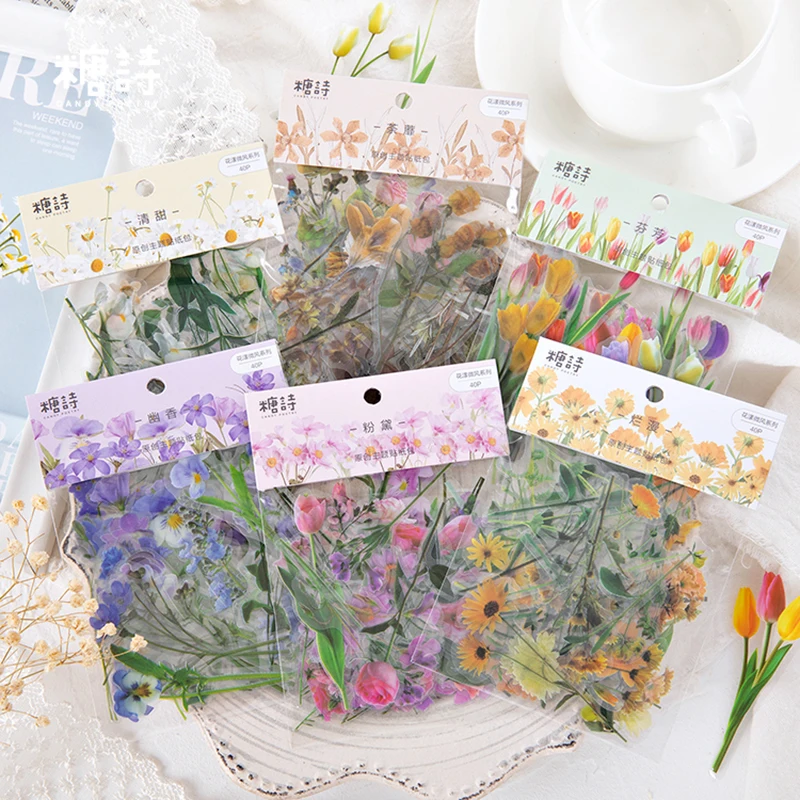 Journamm 40pcs PET Flowers Daisy Deco for Journal Stationery Supplies Plant Stickers Junk Journal Scrapbooking Label Stickers