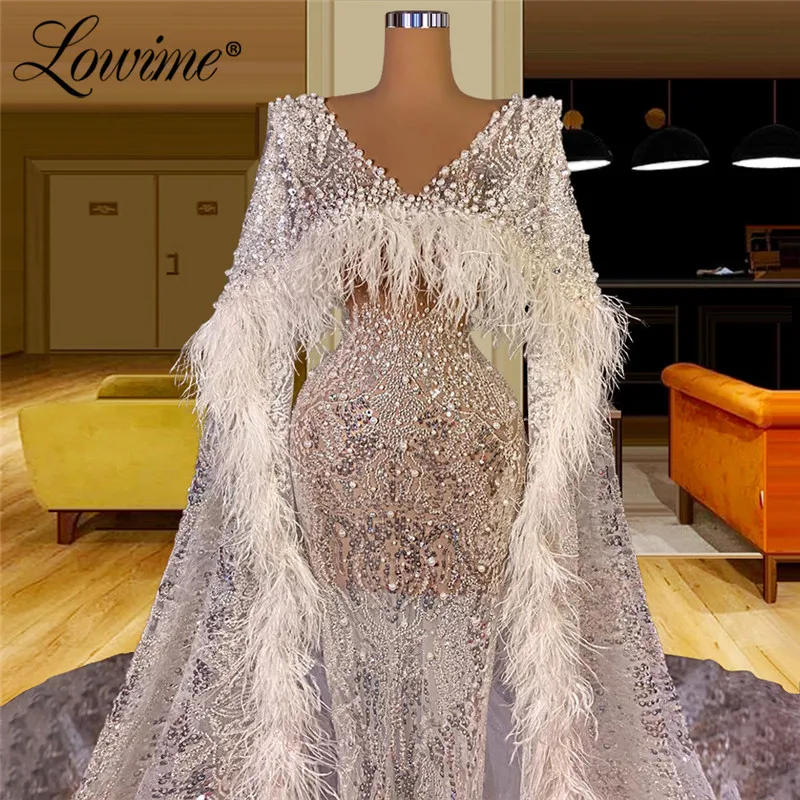 Lowime Dubai Cape Sleeves Beaded Evening Dresses Elegant Long Prom Dress 2021 Abendkleider Plus Size Sequined Party Gowns Custom