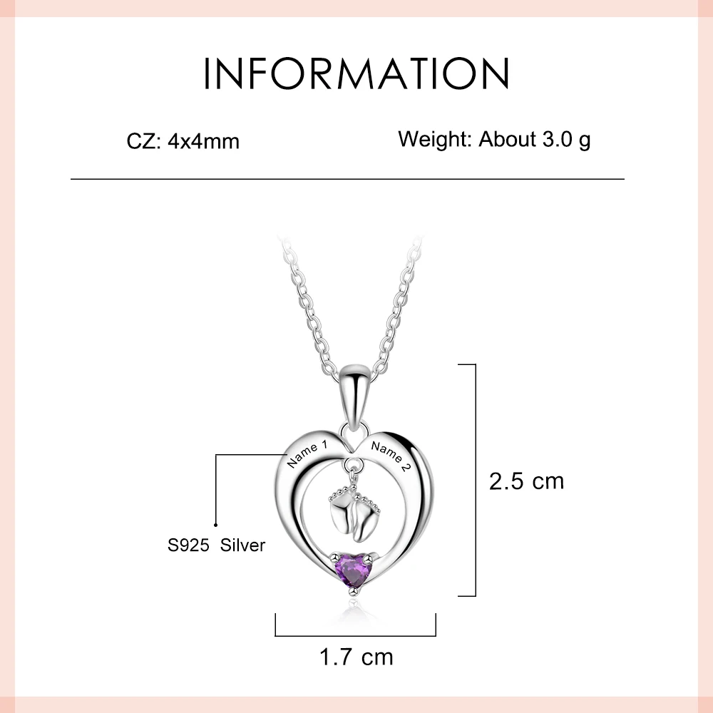 925 Sterling Silver Personalized Engrave Name Heart Necklace Customized Birthstone Baby Feet Necklace Pendant Silver 925 Jewelry