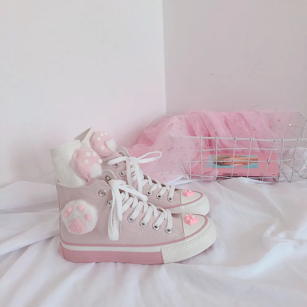 Japanese pink meow girl cute high-top fantasy canvas shoes sweet lolita shoes tea party kawaii princess kawaii shoes vintage