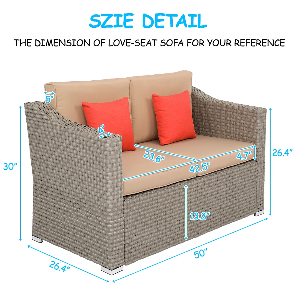 4Pcs Patio Outdoor Furniture Suit 1 Double 2 Single Sofa  1 Double Coffee Table Wide Rattan Double Contiguous Rattan Gray