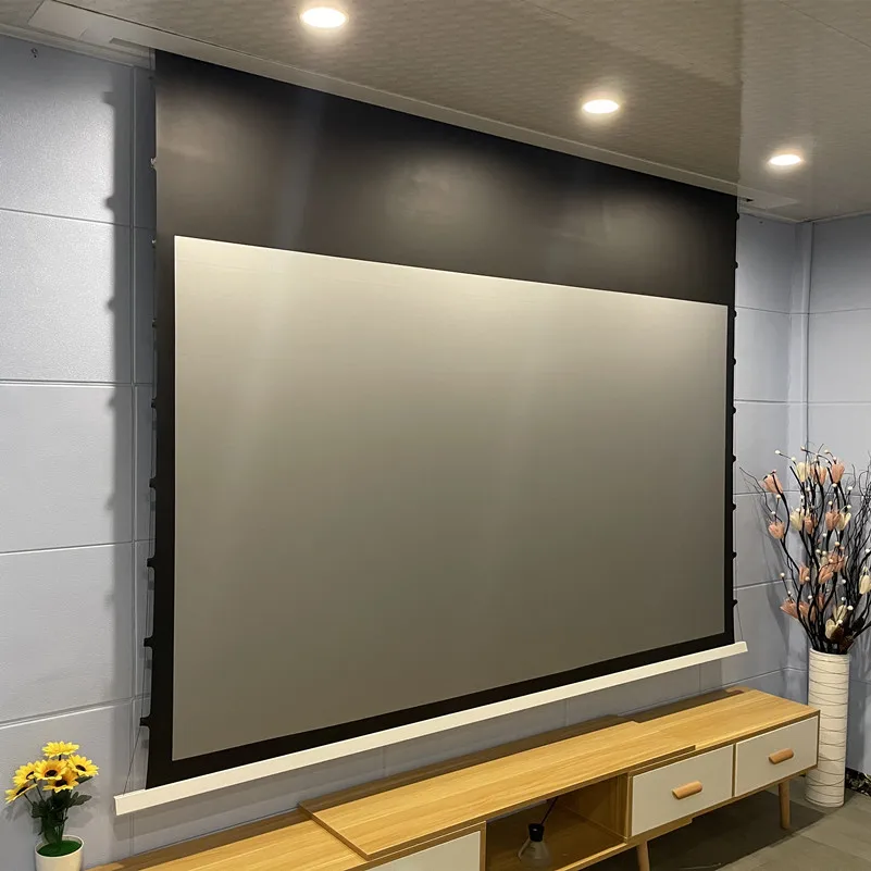 

8K 4K Tab Tension Concealed Hidden In-Ceiling Recessed Electric Projector Screen With Ambient Light Rejection Dark Grey Fabric