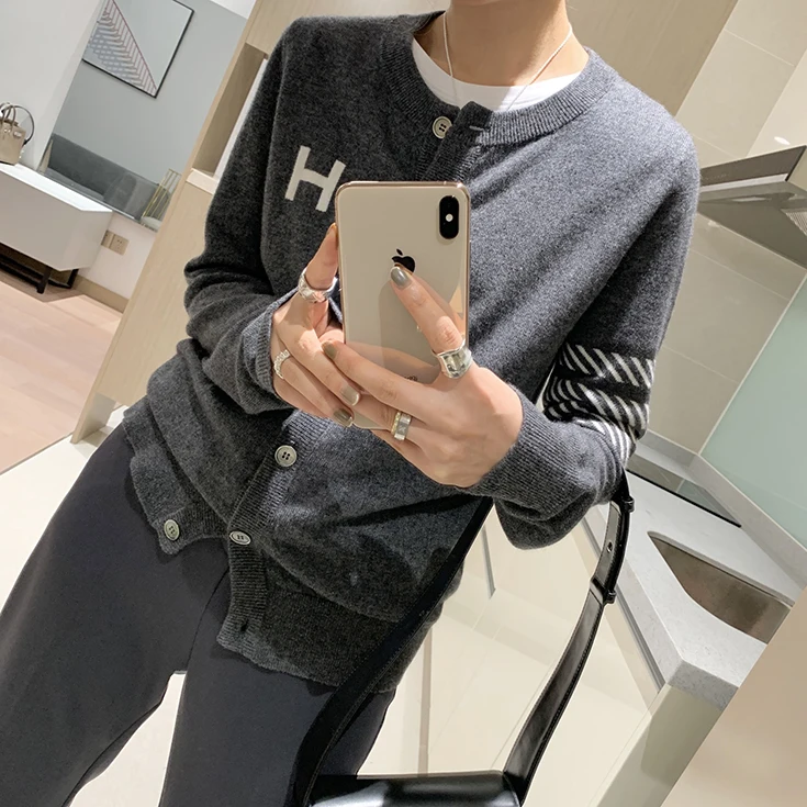 Cardigan en cachemire pour femme, pull à col rond, veste tricotée fine, jacquard ample, lettre H, station européenne