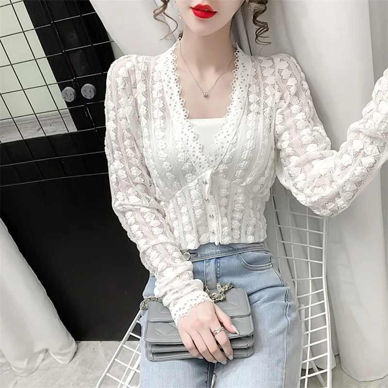 Classic Crop Floral Tops Blouse Long Puff Sleeve Women Lace Slim Shirt Casual Ladies Korean Fashion Office Work Stretchy Blouse