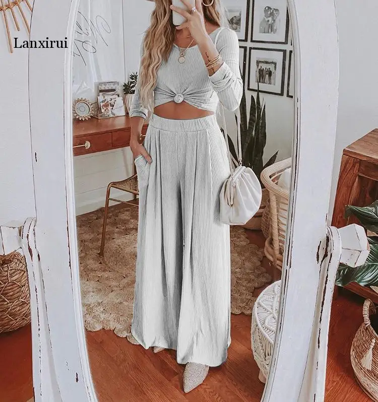 Fall Women Knitted Rib Solid Color Two-Piece Sets Ladies Long Sleeves O-Neck Tops+Long Pants Casual Elegant Leisure Suit