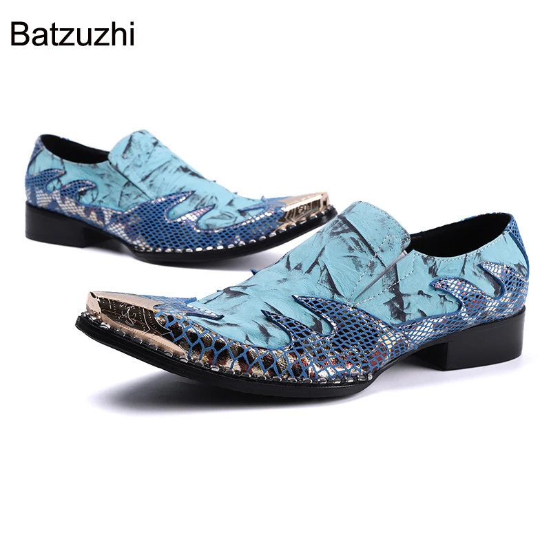 

Batzuzhi Blue Formal Leather Dress Shoes Men Personality Metal Toe Men Shoes for Business, Party and Wedding, Big Size 37-46!