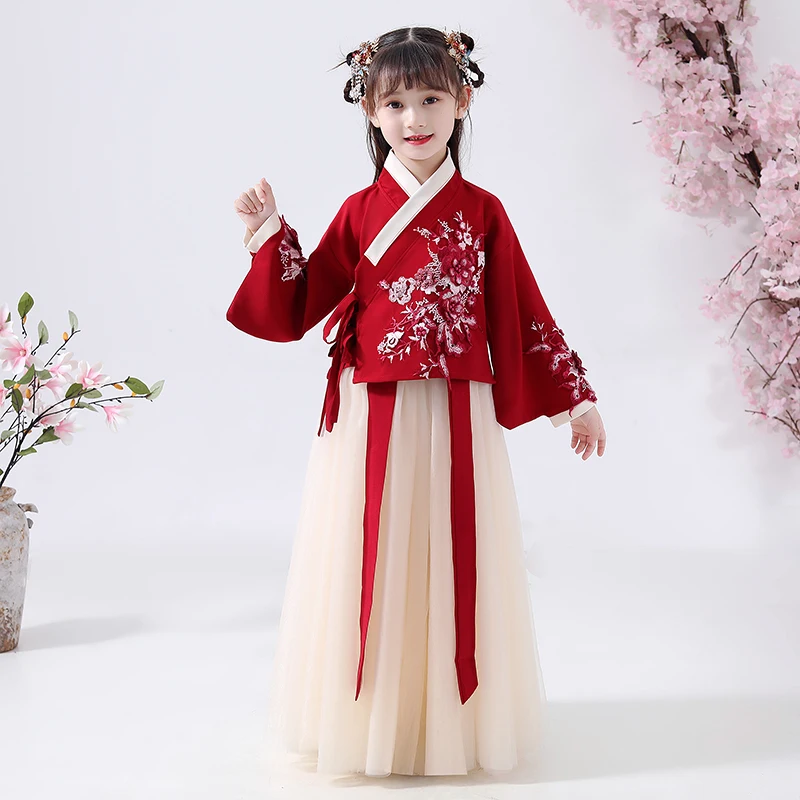 Flower Girl Dress Chinese Tradition Girls Birthday Party Clothes Kids Performance Costume Long Sleeve Children Embroidery Dress