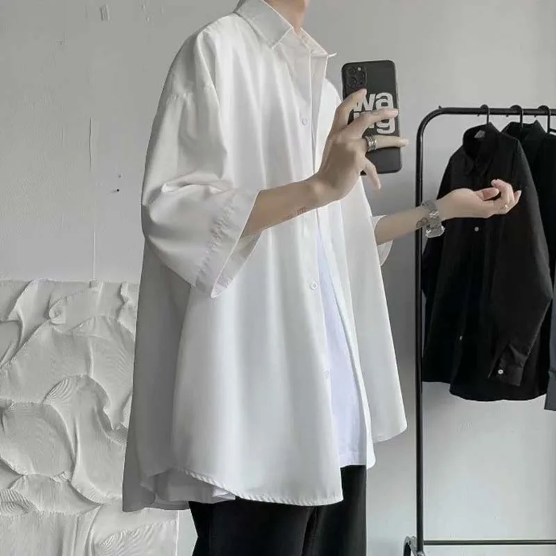 Men Shirts Harajuku Black White Simple Short Sleeve Korean Style Draped Loose Plus Size S-3XL Hip-hop Summer All-match Outwear