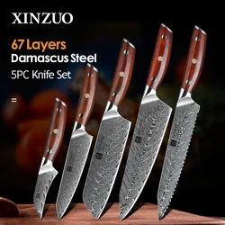 XINZUO 5PCS Kitchen Knife Set Damascus Stainless Steel Knife Japanese New Chef Paring Santoku Slicing Utility Cooking Knives