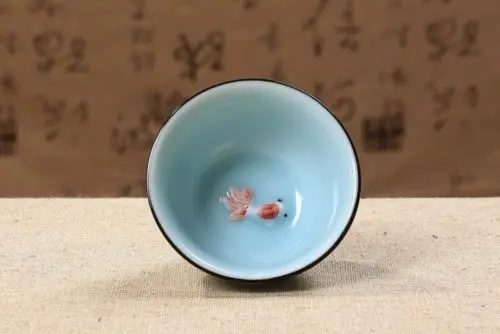 6PC Kitchen Longquan celadon ceramic bowl ceramic tea cup blue goldfish 45CC