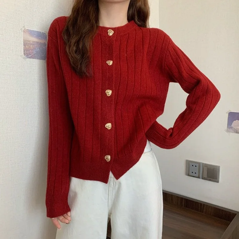 Cardigan Women O-neck Metal Button Heart Gentle Fashion Ulzzang Casual Street Friends Sweet Loose Cozy Knitted Burgundy S-3XL