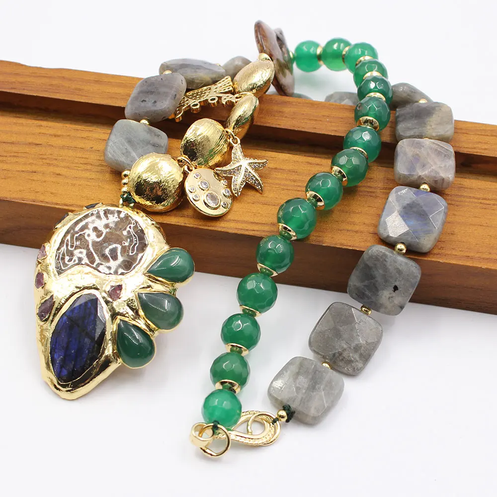 GG Natural Green Agate Labradorite Necklace Gold Plated Labradorite Green Agate CZ Pave Pendant For Women