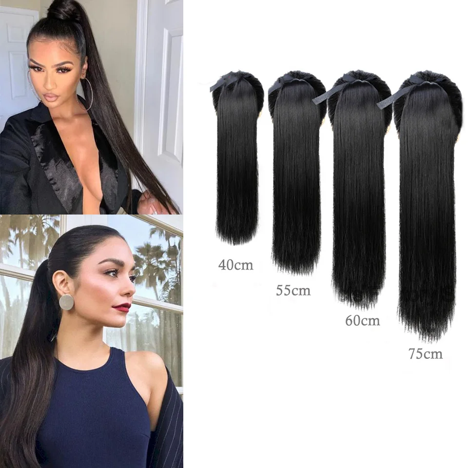 75cm black brown Super Long Straight Clip In Tail Ponytail Hairpiece With Hairpins Synthetic Pony Tail Extensions BUQI