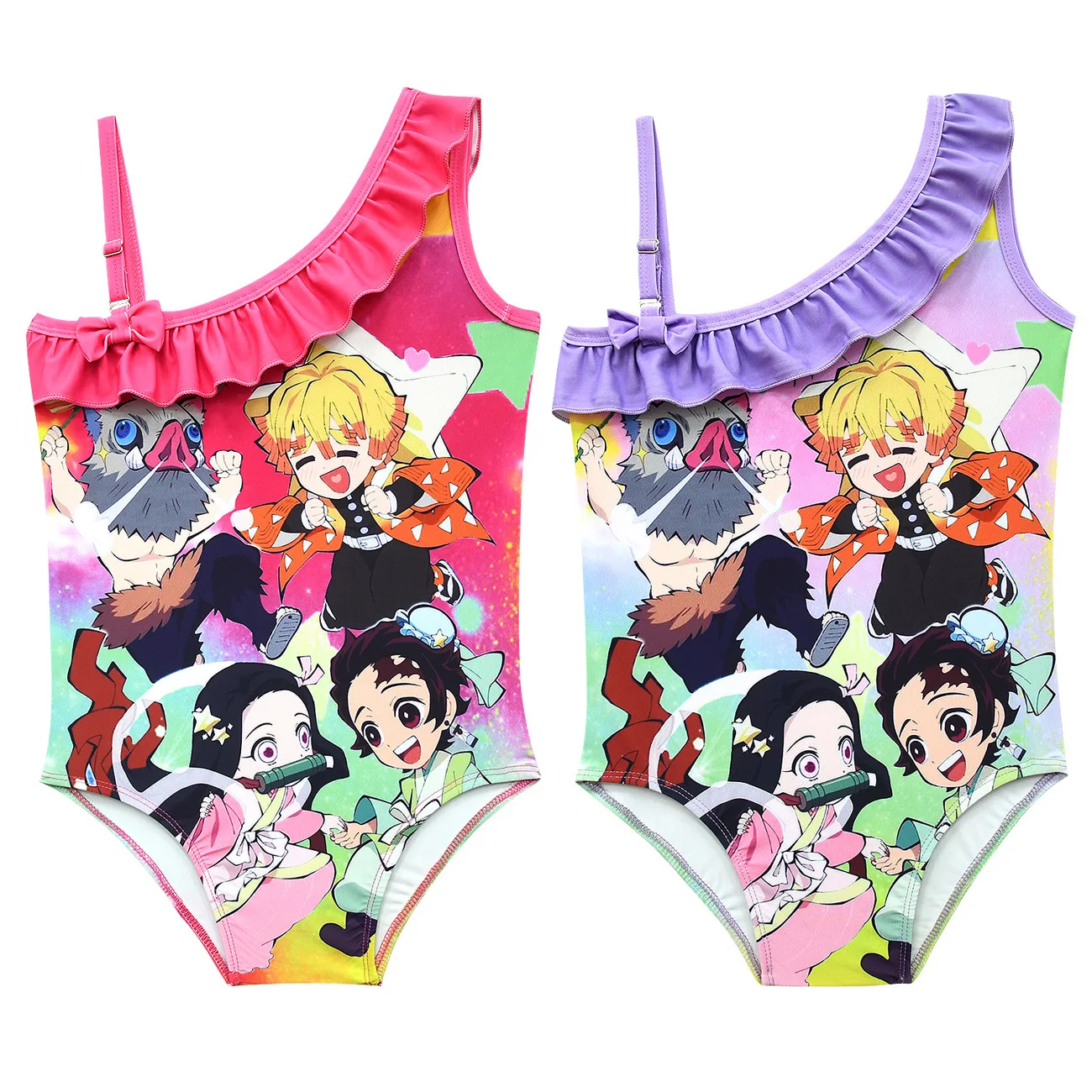 Anime Demon Slayer Baby Girl Swimisuit Kimetsu No Yaiba Kamado Nezuko Cosplay Oblique Shoulder Strap Swimsuit One-piece Clothes