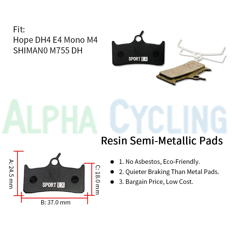 Bicycle Disc Brake Pads for HOPE DH4 M4 Mono M4 and for Shimano M755 DH Caliper, 4 Pairs, Sport EX Class Resin