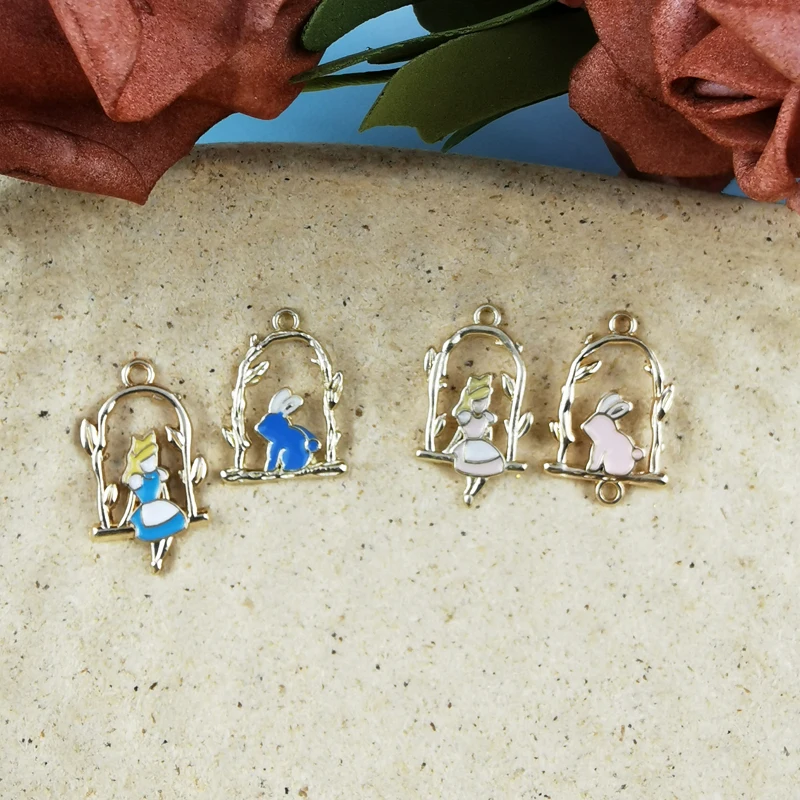 10Pcs Cartoon Alice in Wonderland Alice Girl and Rabbit Enamel Dangle Charms Pendant for Women DIY Handmade Jewelry Accessories