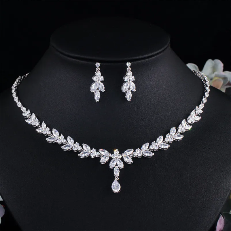 CC Jewelry Sets For Women Olive Branch Design Water Drop Fine Gift Brides Popular Wedding Party Necklace Earring Set T0133