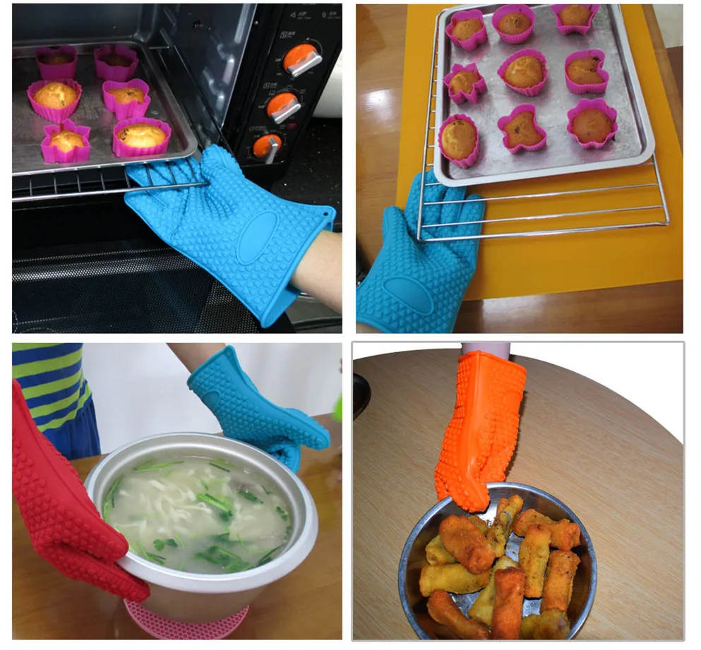 1 Pair Kitchen Heat Resistant Silicone Glove Oven Pot Holder Baking BBQ Cooking Mitt Safety Gloves