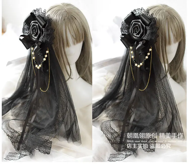 Original Lolita Headdress Lolita Gothic Black and White Dark Kill Rose Head Grenadine Pills Hair Clips Hair Accessories