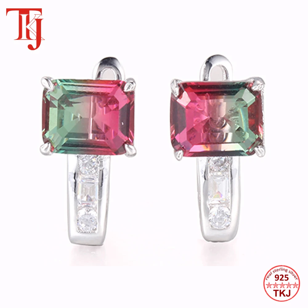 TKJ Trendy Tourmaline Stud Earrings For Women 925 Sterling Silver Earring Rectangle Zircon Party Earring Fine Jewelry Gift