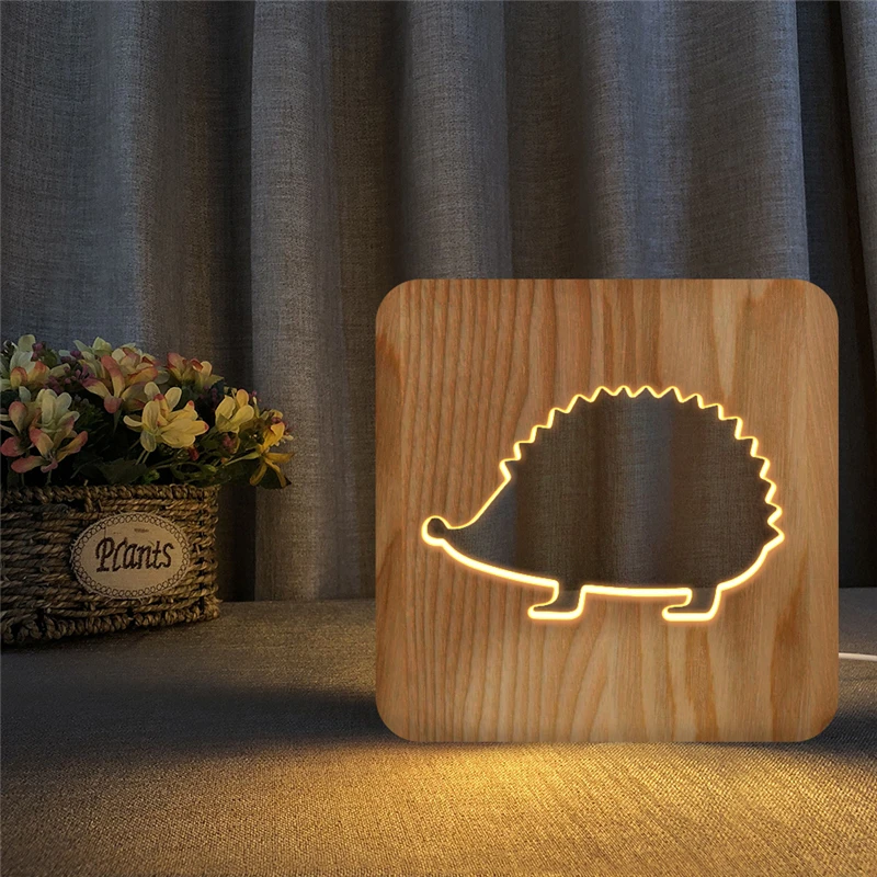 Creative animal hedgehog modelling Wood Table Lamp Children\'s Room Decoration USB bedroom Night Light Christmas Lights drop ship