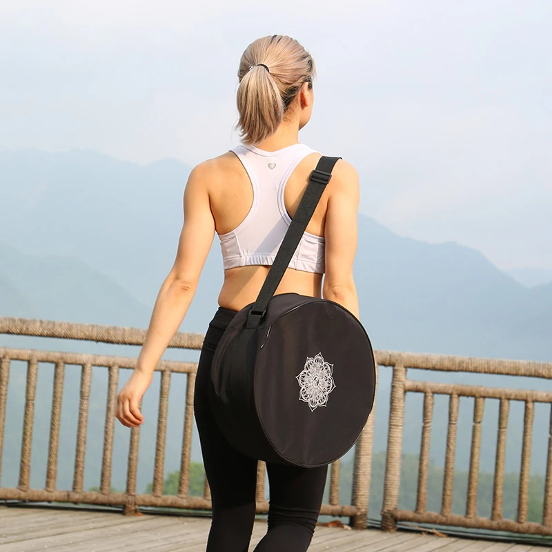 Yoga Wheel Bag Nylon Black Mandala Flower Yoga Circle Bag Large Capacity Double Zipper Pilates Wheel Backpack Fitness Sport Bag