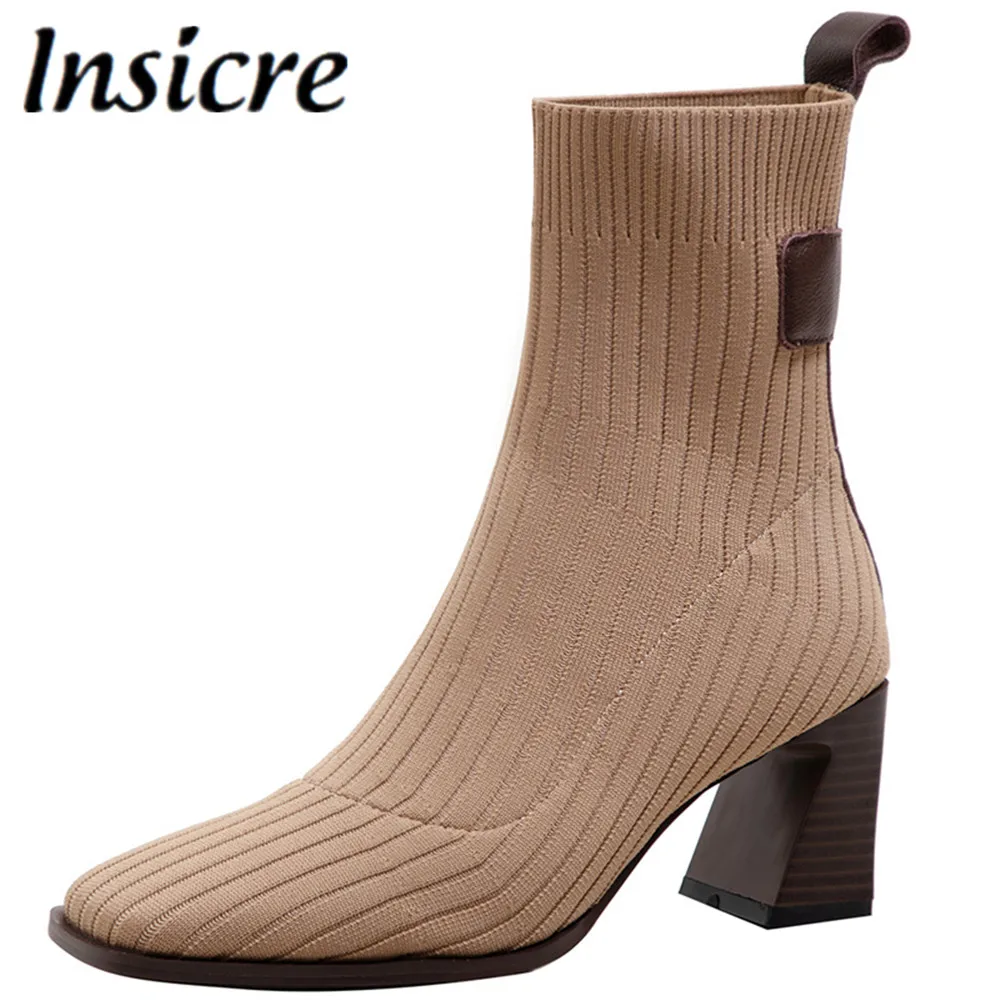 

Insicre Women Stretch Knitting Slip On Thick High Heel Autumn Winter Ankle Boots Fashion Square Toe Dress Party Shoes Apricot