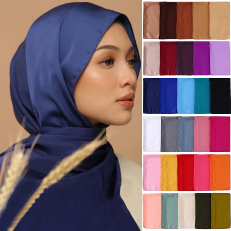 Luxury Brand Plain Color Silk Scarf Women Muslim hijabs Headband Islamic Shawls Wrap Female Beach stoles Scarves Headscarf Pareo