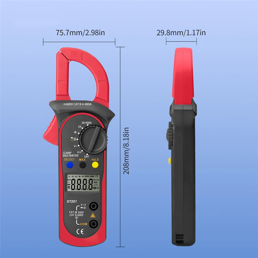 ST201 Digital Clamp Multimeter Resistance ohm Tester AC DC Clamp Ammeter Transistor Testers Voltmeter Contact LCR Meter Red/Blue