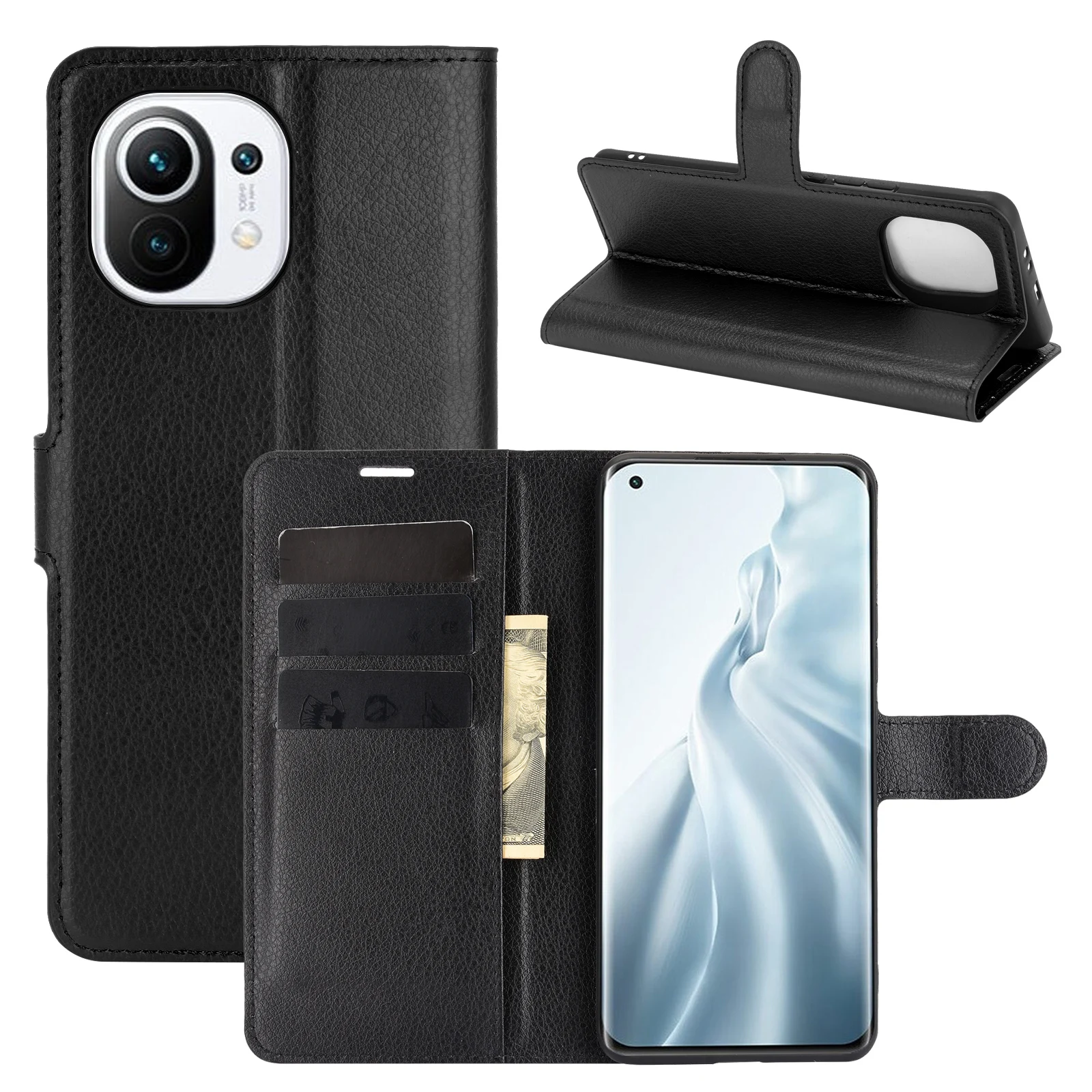 Xiaomi11 Case for Xiaomi Mi 11 (6.8in) Mi11 5G Cover Wallet Card Stent Book Style Flip Leather Protect black M2011K2C M2011K2G