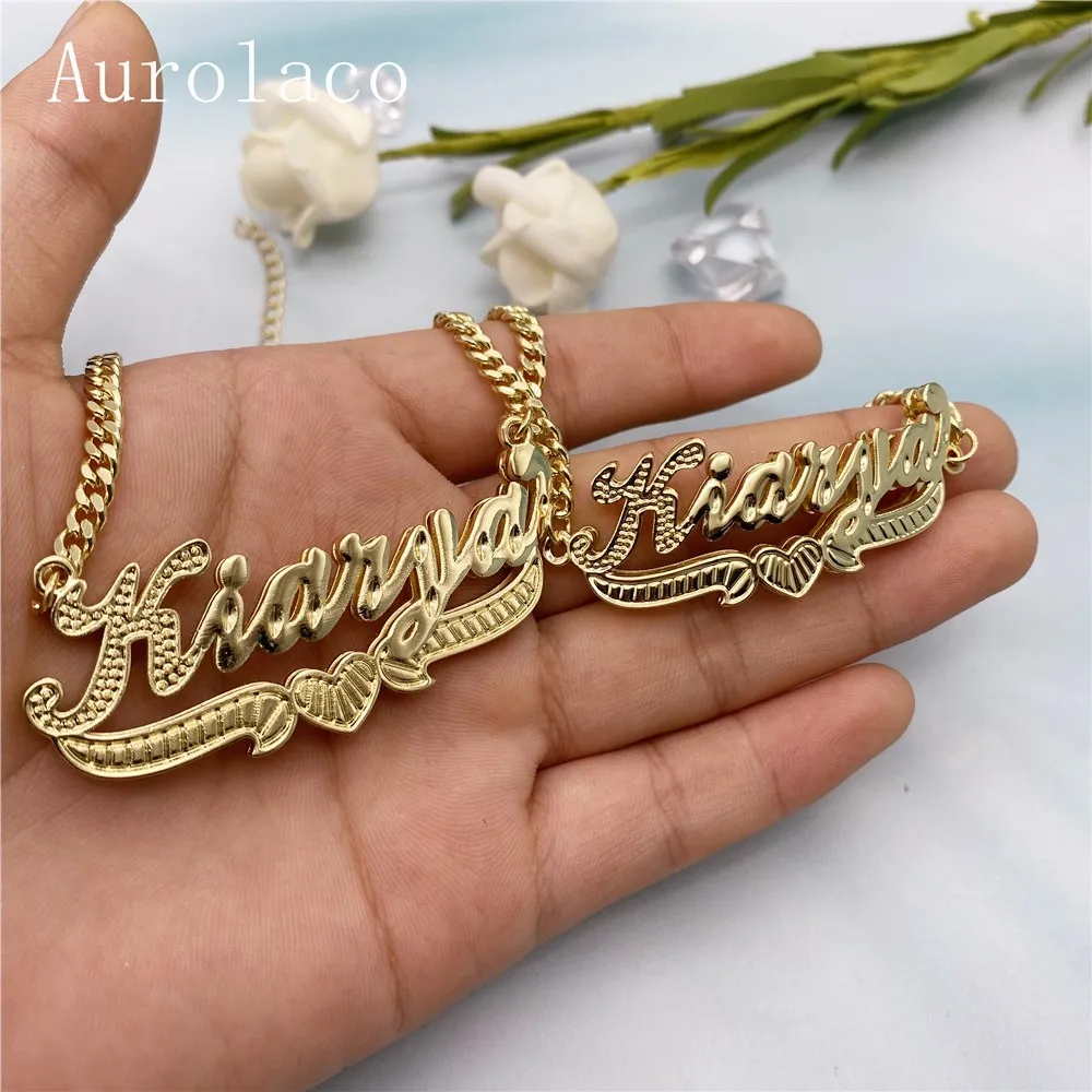 Imagem -05 - Aurolaco Nome Personalizado Conjunto de Jóias Colar Nome Personalizado Pulseira de Ouro 3d Duplo Nameplated Colar para Presentes Femininos