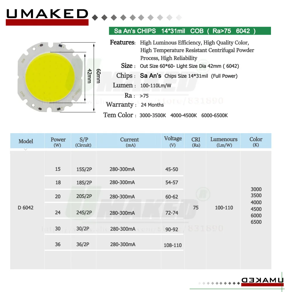 10pc LED COB 10 15 20 24 30 40 50W 4032 6042 7660 Size Ra75 110lm/w Current 300mA 3000-4000-6000K San An Chip Light Bead Source