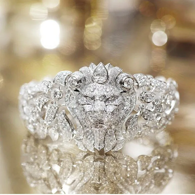Luxo prata cor brilho cheio branco cz zircon leão anéis para homens mulher iced para fora anéis hip hop jóias unissex acessórios