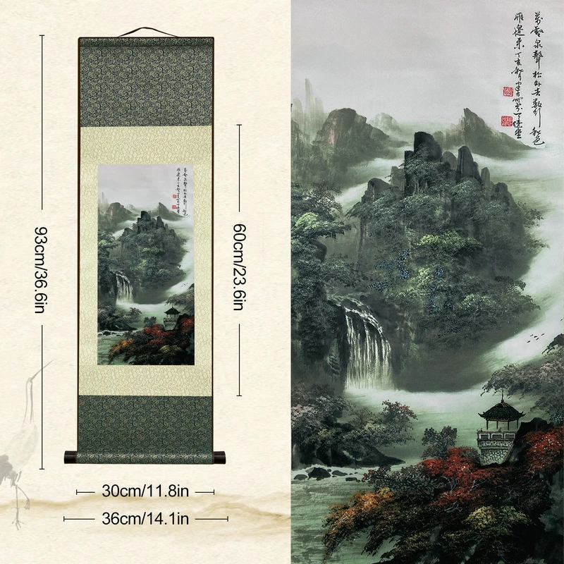 Chinese Style Ink Silk Scroll Painting Silk Reel Rolling Wall Hanging Art for Wall Picture Decoration (39 in x 12 in)